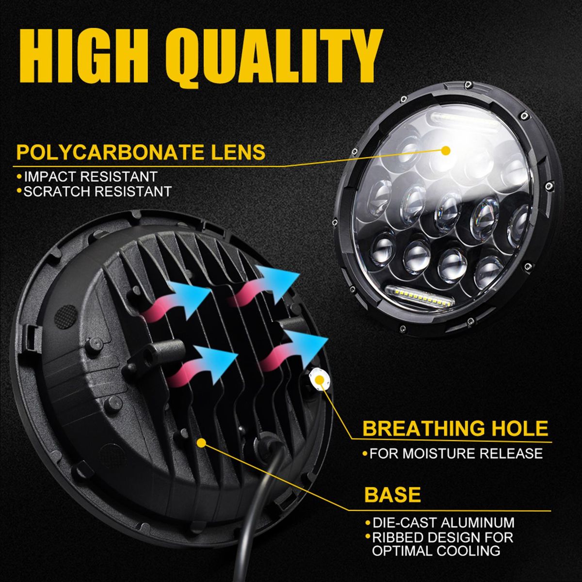2Pcs 7 inch Car Motorcycle LED Headlight 200W 6000K IP67 Waterproof DRL/Low Beam/High Beam Headlamp