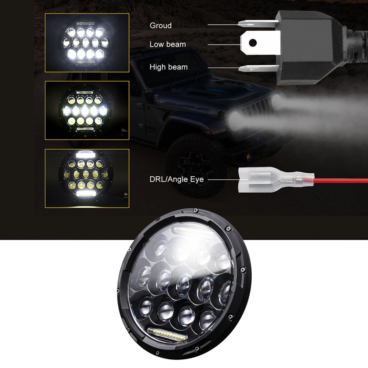 2Pcs 7 inch Car Motorcycle LED Headlight 200W 6000K IP67 Waterproof DRL/Low Beam/High Beam Headlamp