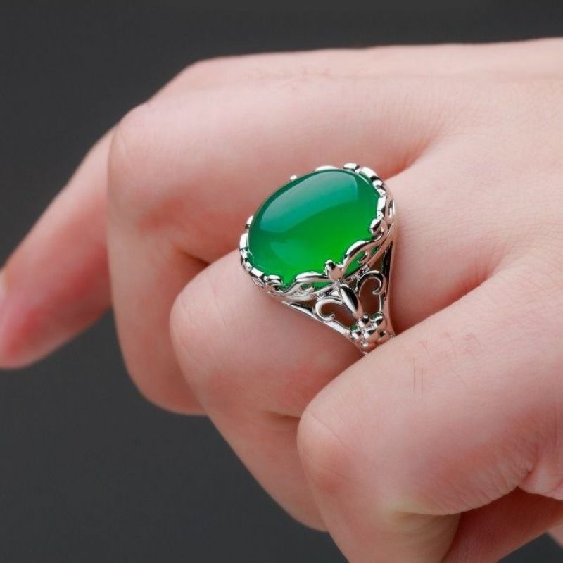 Women Green Agate Silver Rings Adjustable Gemstone Jade Men