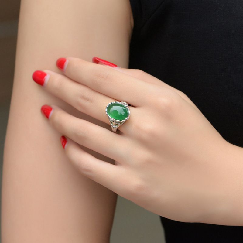 Women Green Agate Silver Rings Adjustable Gemstone Jade Men