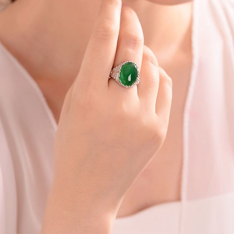 Women Green Agate Silver Rings Adjustable Gemstone Jade Men