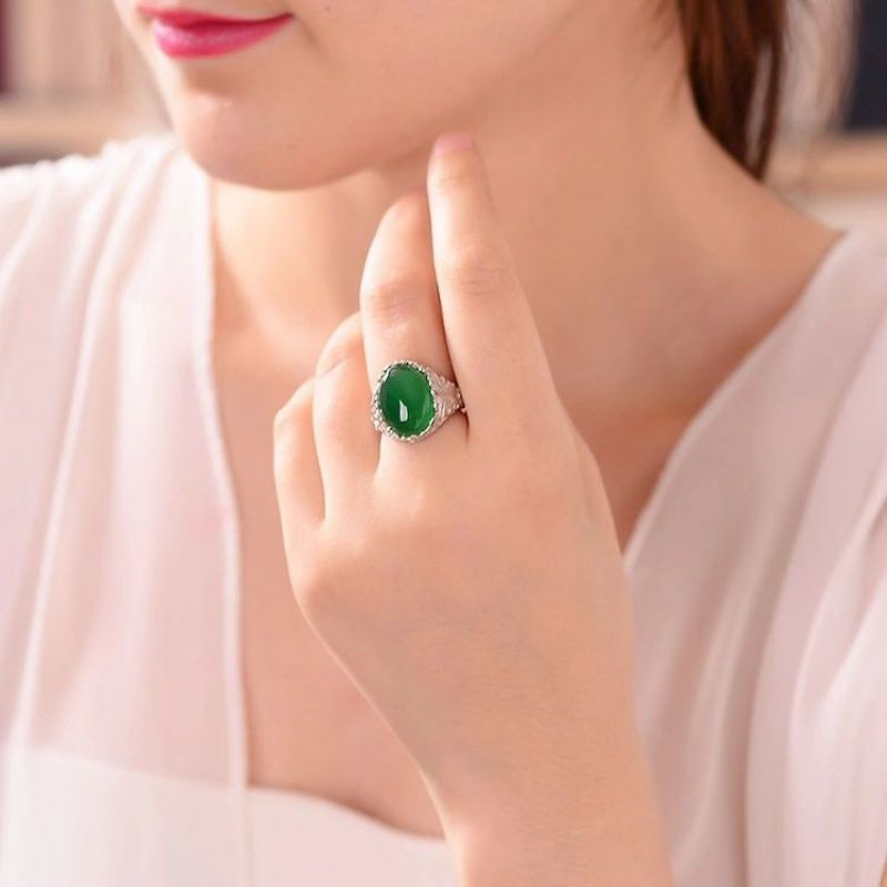 Women Green Agate Silver Rings Adjustable Gemstone Jade Men