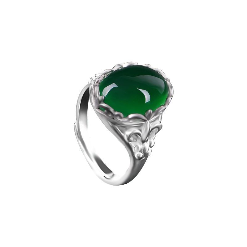 Women Green Agate Silver Rings Adjustable Gemstone Jade Men