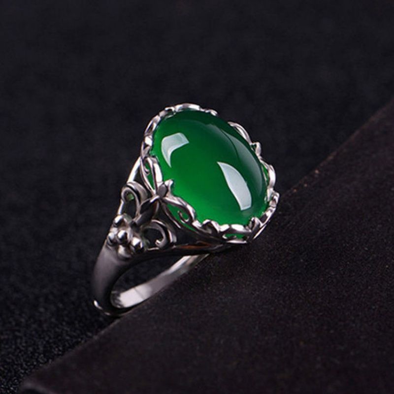 Women Green Agate Silver Rings Adjustable Gemstone Jade Men