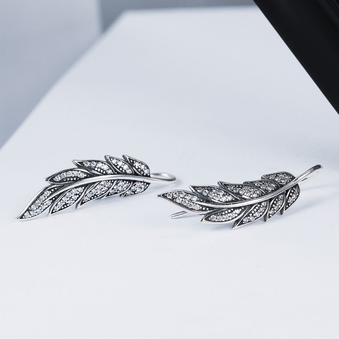 Diamond Leaf Silver Earrings