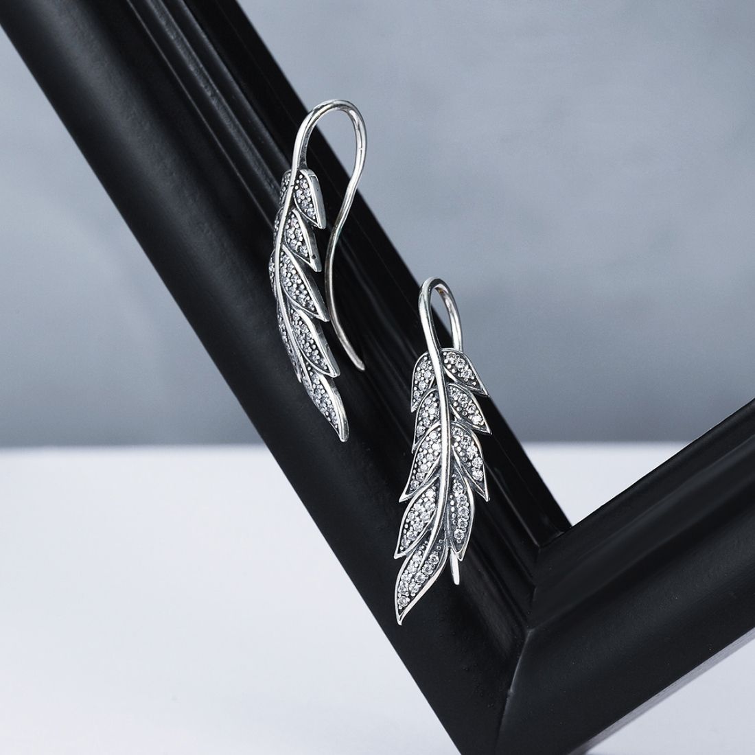 Diamond Leaf Silver Earrings