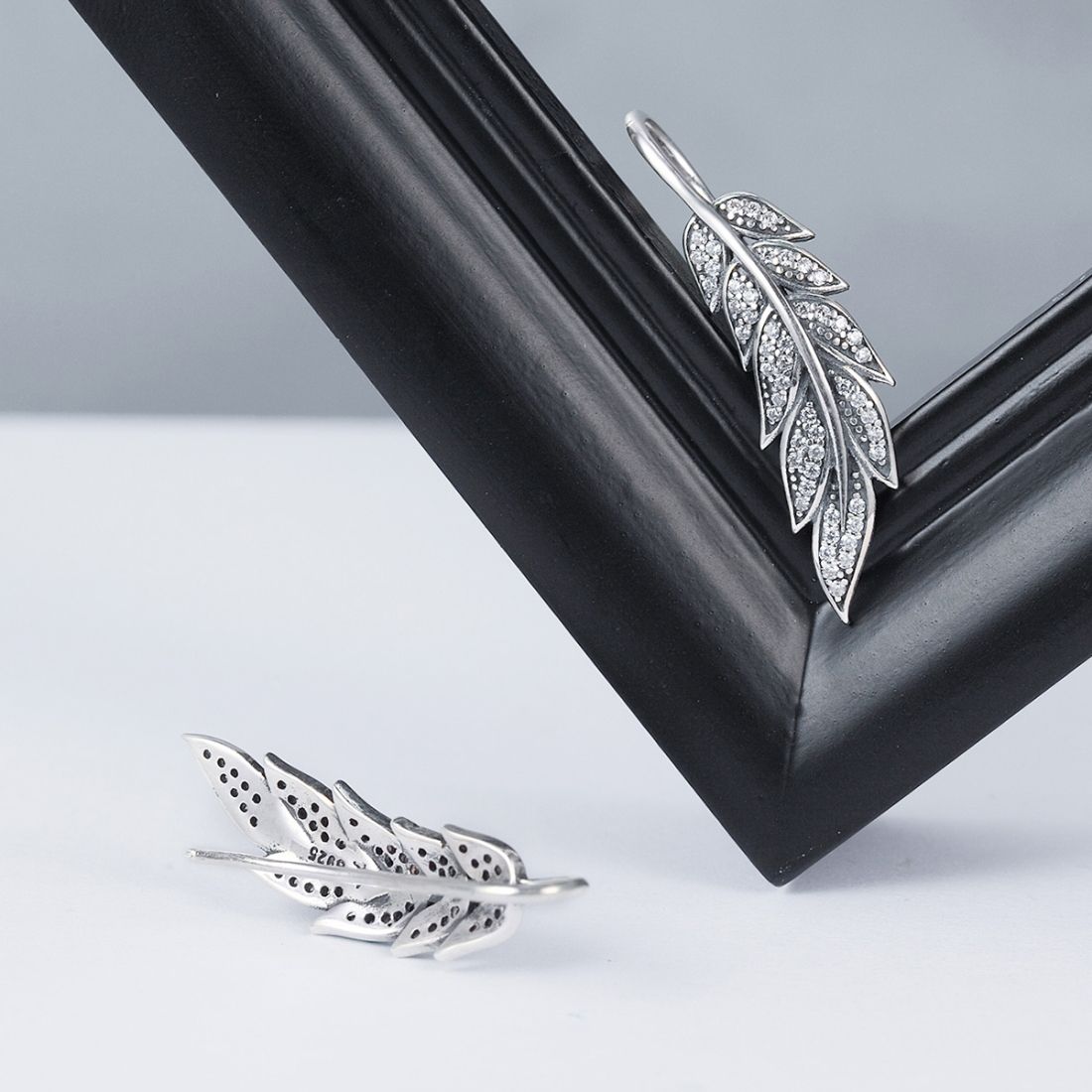 Diamond Leaf Silver Earrings