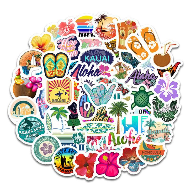 50pcs Hawaii Tropical Beach Summer Sticker Hibiscu