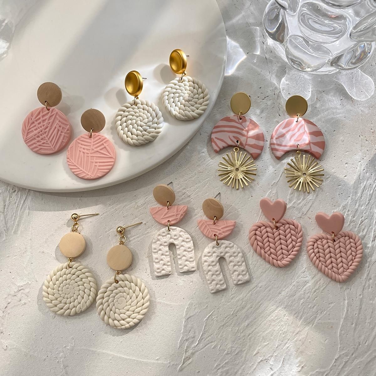Lifefontier Handmade Knitting Leaf Abstract Pattern Polymer Clay Earring For Women Statement Geometric Drop Earring Jewelry 2022