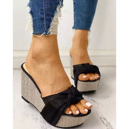 Ladies Fashion Bow Wedge Heel Fishmouth Sandals - Black