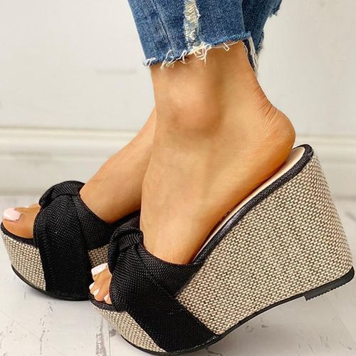 Ladies Fashion Bow Wedge Heel Fishmouth Sandals - Black