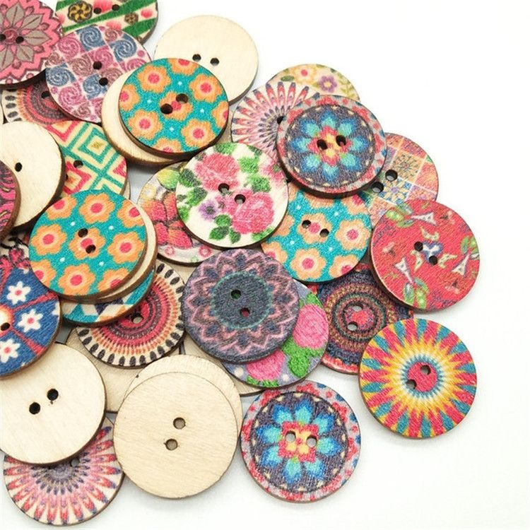 100 PCS Two-hole Round Printed Wooden Buttons DIY Clothing Buttons
