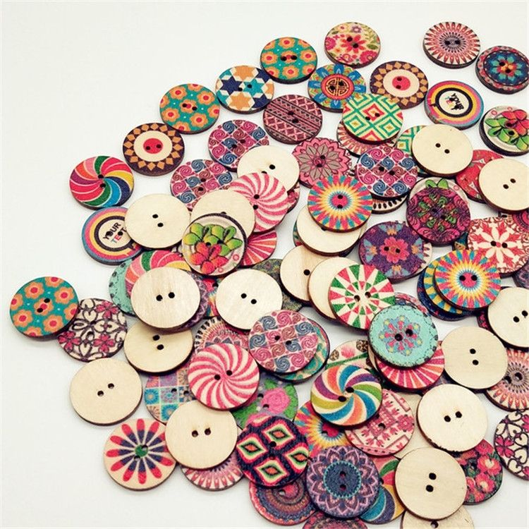 100 PCS Two-hole Round Printed Wooden Buttons DIY Clothing Buttons