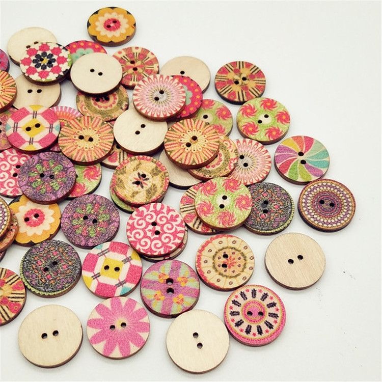 100 PCS Two-hole Round Printed Wooden Buttons DIY Clothing Buttons