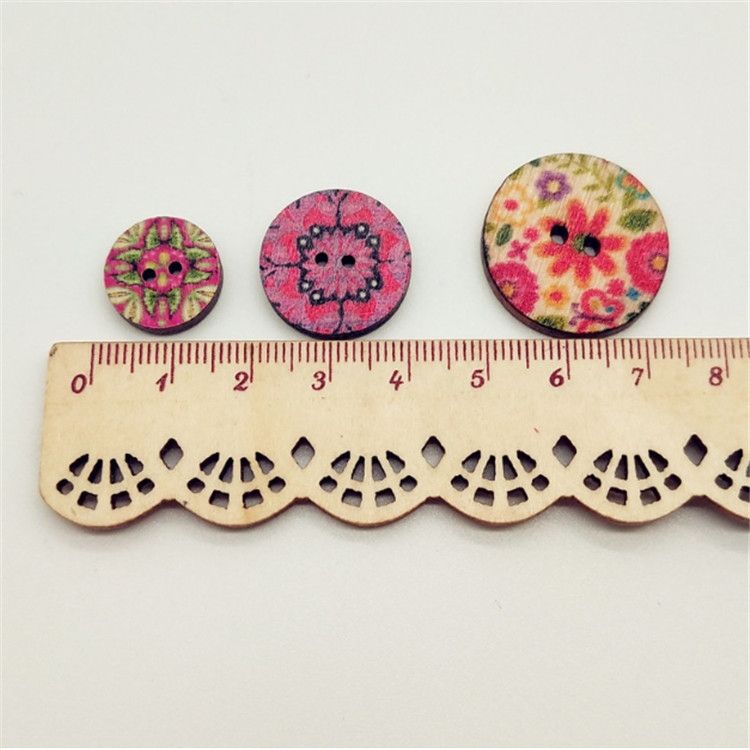 100 PCS Two-hole Round Printed Wooden Buttons DIY Clothing Buttons