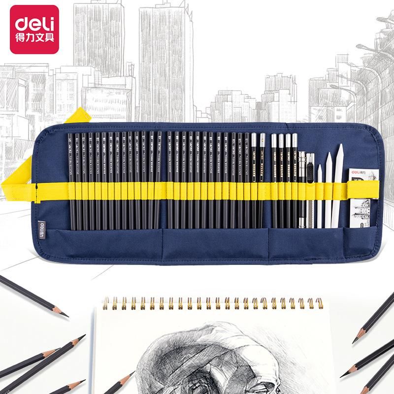 Deli 58212 Pencil Case Multi-Functional 40-Piece Set for Students Retro Sketch Color Art Only for Painting Rolling Pencil Case Pencil Case