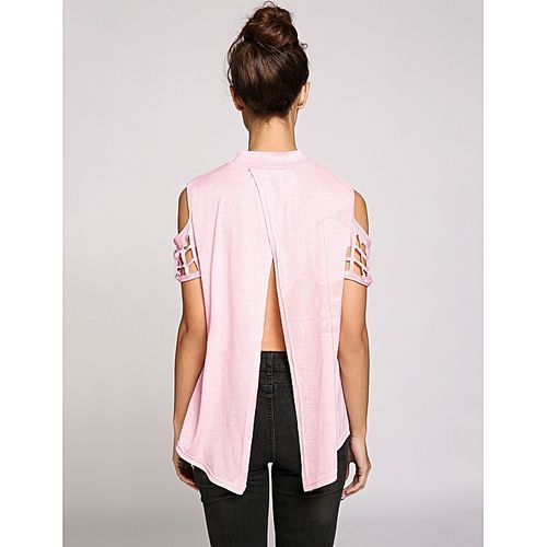 Women Casual Short Sleeve O Neck Solid Cold Shoulder Split Back Loose Pullover Sexy T-Shirt-pink