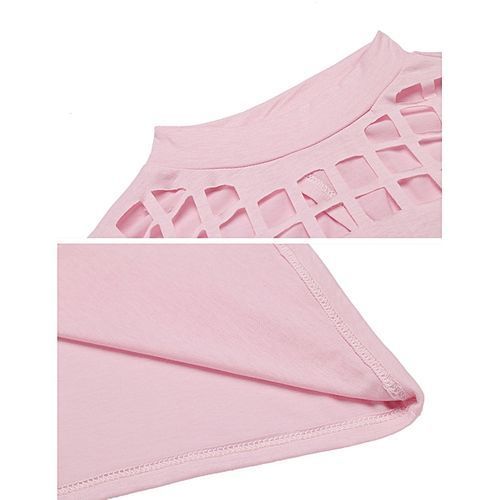 Women Casual Short Sleeve O Neck Solid Cold Shoulder Split Back Loose Pullover Sexy T-Shirt-pink