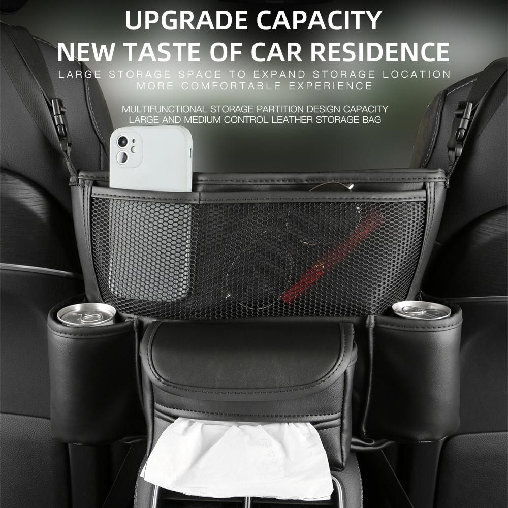 Car Storage Bag Center Console Storage Organizer Front Seat Leather Barrier Handbag Holder Large Capacity