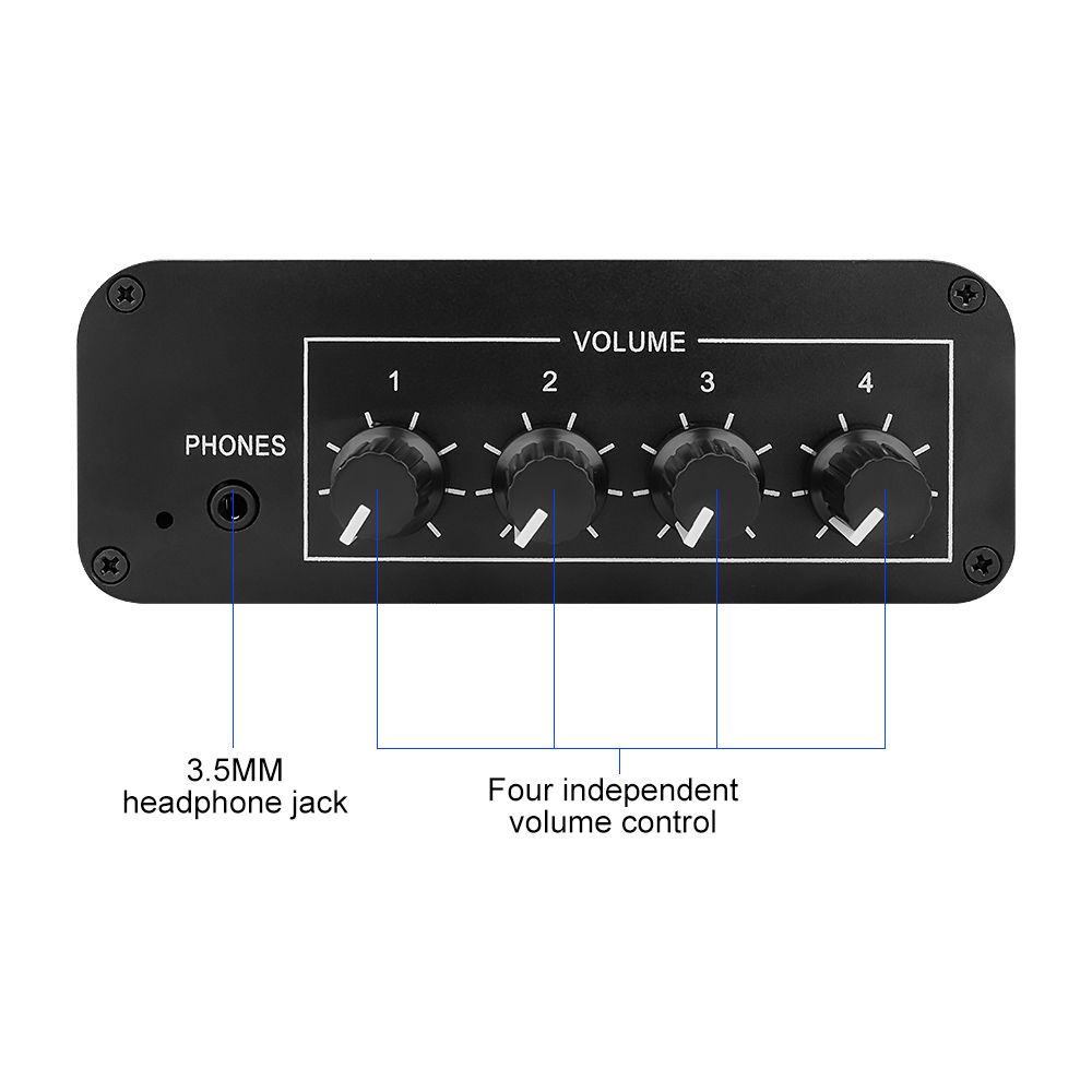 Stereo Audio Mixer Multi-Channel Audio Source Reverberator Volume Independent Control 3.5mmA Headphone Driver 4 Input