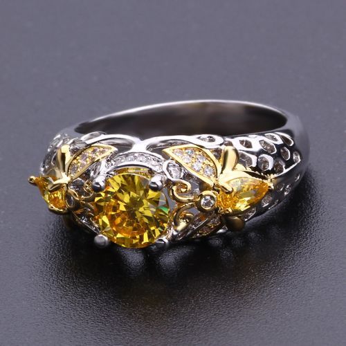 Female Ring 925 Silver Plated Yellow Diamond Accessories Bee Zircon Hollow Rings