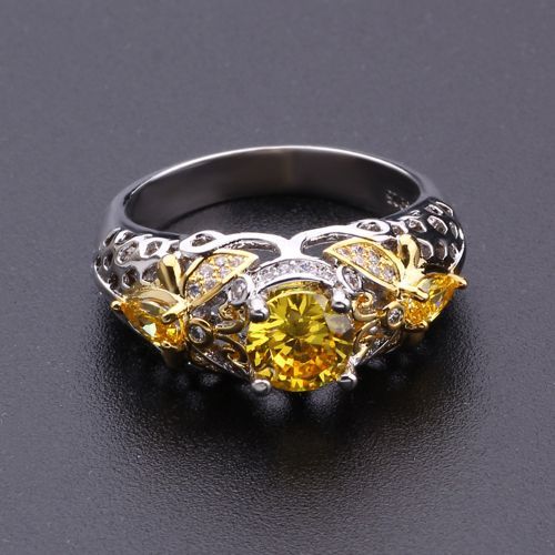 Female Ring 925 Silver Plated Yellow Diamond Accessories Bee Zircon Hollow Rings