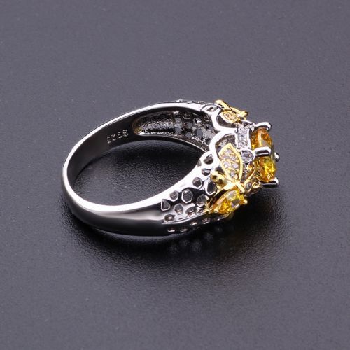 Female Ring 925 Silver Plated Yellow Diamond Accessories Bee Zircon Hollow Rings
