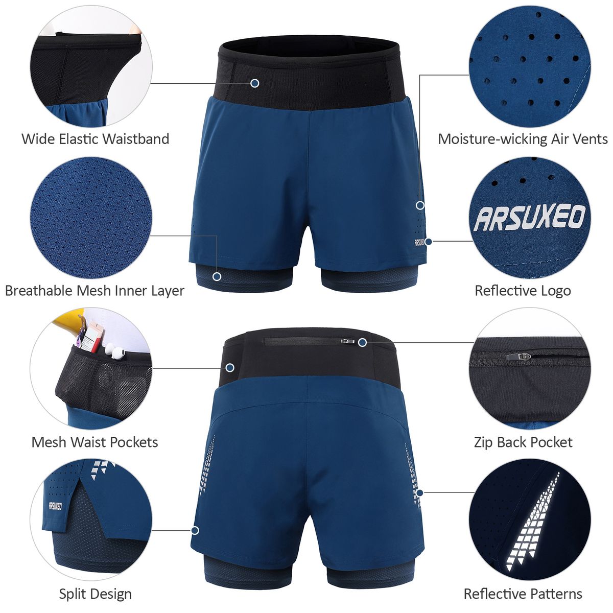 Men 2 In 1 Running Shorts High Waist Athletic Shorts Sport