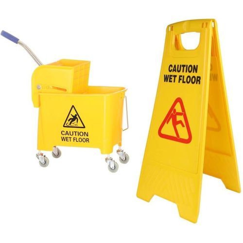 1 Pce-Safety Signage Mop Bucket +2 Pcs Wet Floor Caution Stand