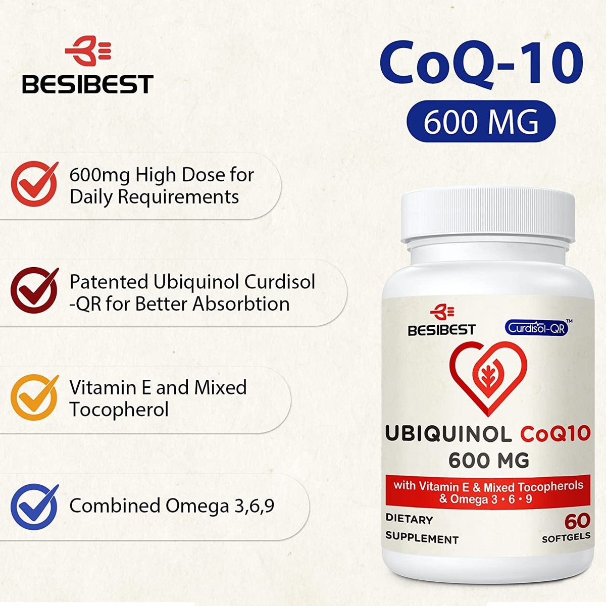 Ubiquinol CoQ10 600mg, 60 Softgels
