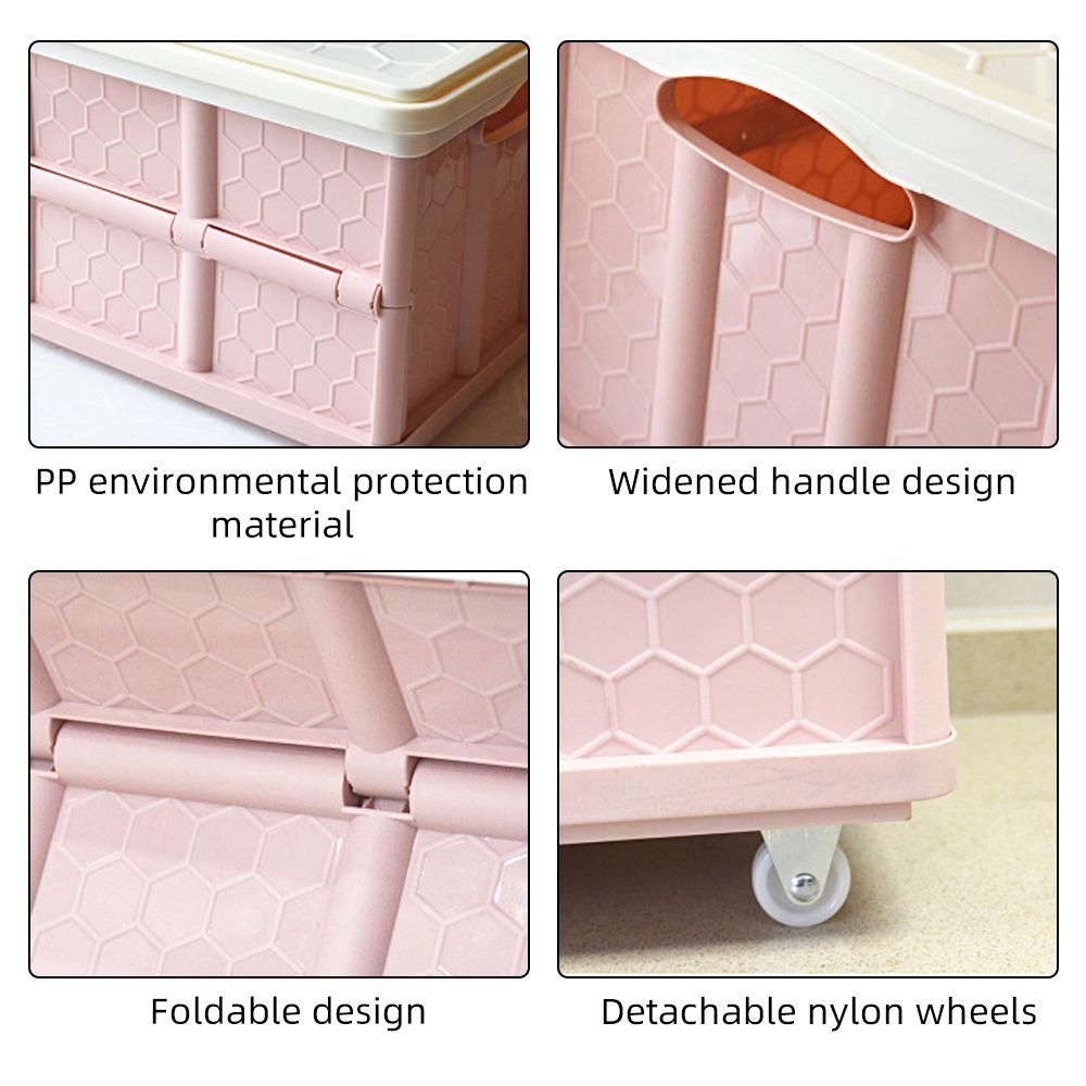 Collapsible Handcart Rolling Utility Cart Folding Shopping Cart with Lid Folding and Collapsible Hand Crate with Lid 4 Wheel Rolling Cart 30 Liter Large Capacity Pink