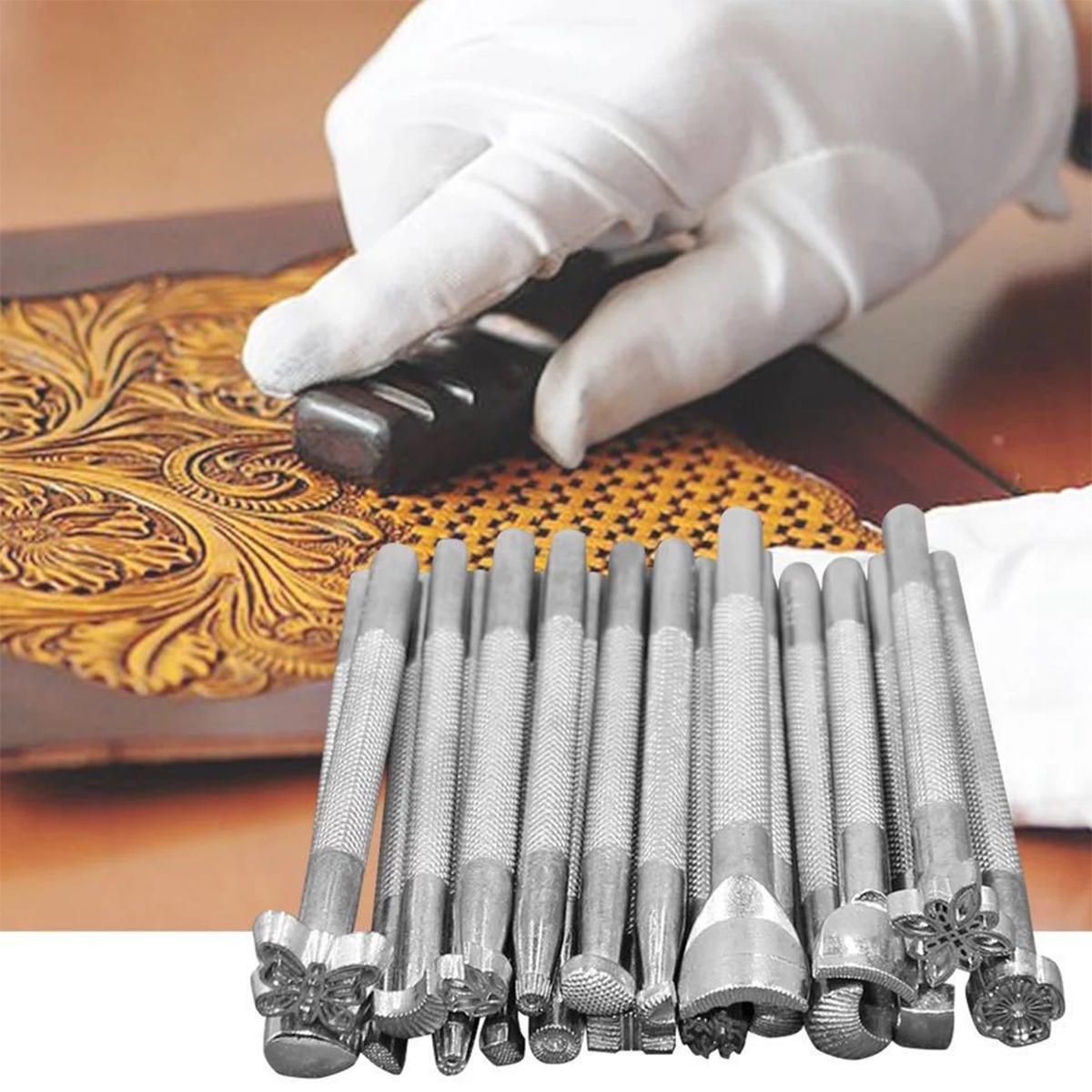 59PCS Craft Leather Tool Set DIY Leather Hand Working Tool Kit for Sewing Stiching Carving Printing Cutting Professional Leathercraft Accessories with Different Leather Stamp Punches