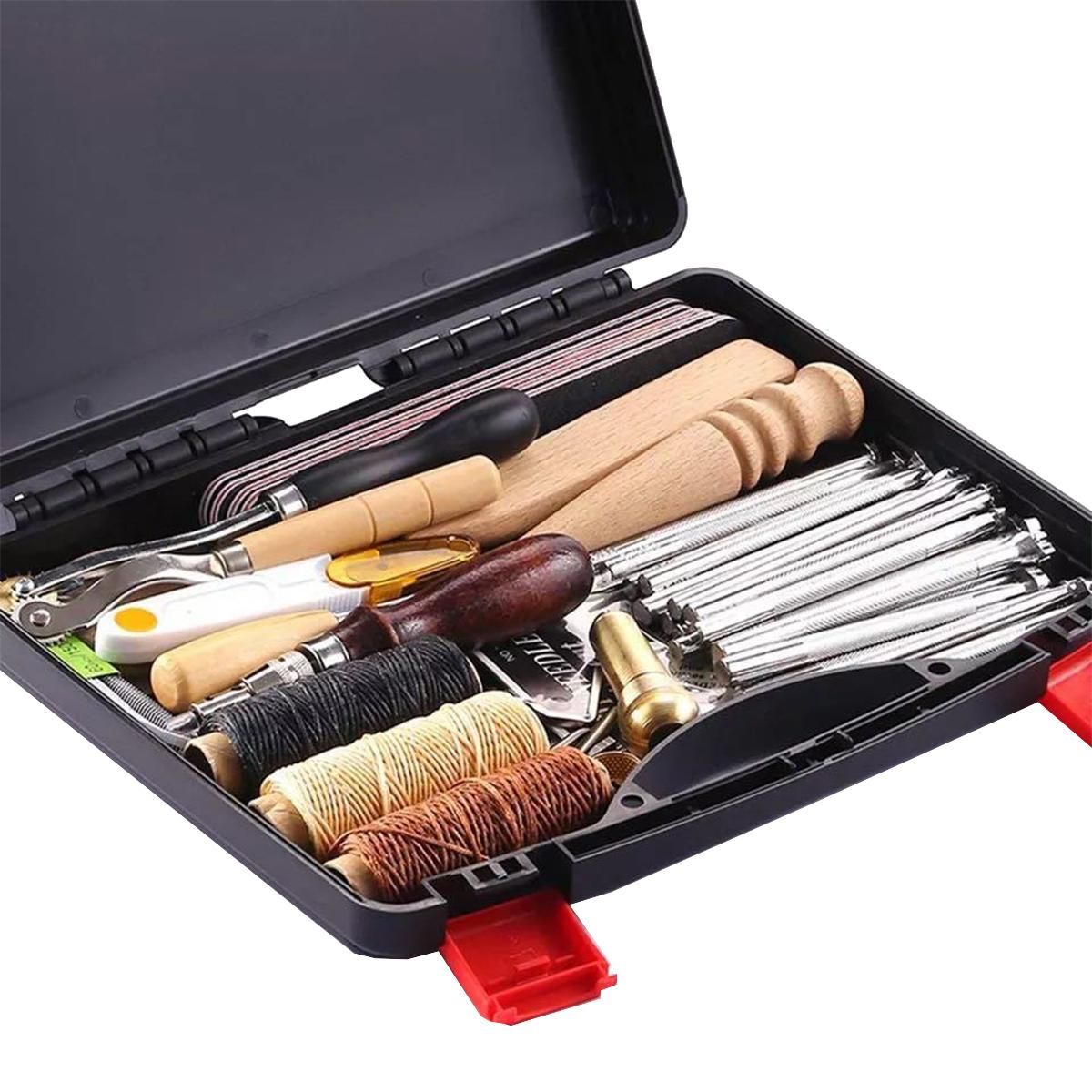 59PCS Craft Leather Tool Set DIY Leather Hand Working Tool Kit for Sewing Stiching Carving Printing Cutting Professional Leathercraft Accessories with Different Leather Stamp Punches