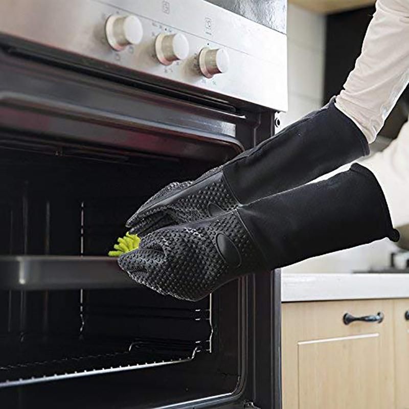 Extra Long Professional Silicone Oven Mitt, Heat Resistant Cooking Glove With Internal Cotton For Kitchen,Bbq,Baking,Grill - Black
