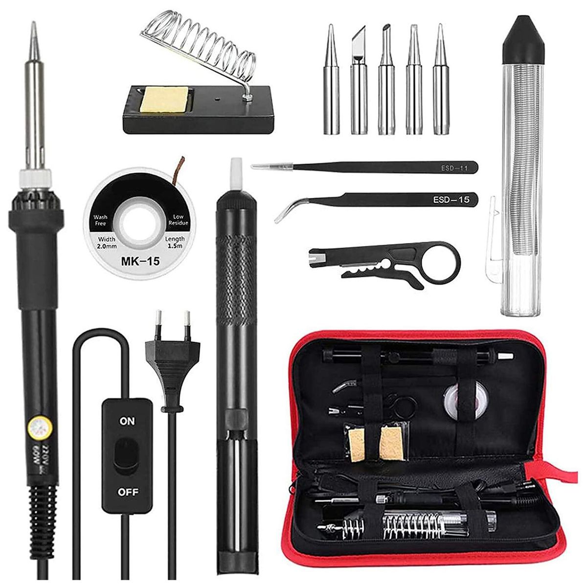 Meterk 14 in 1 Soldering Iron Kit 60W Adjustable Temperature Welding Soldering Iron with ON/OFF Switch 5pcs Soldering Tips Solder Sucker Desoldering Wick Solder Wire Anti-static Tweezers Iron Stand with Cleaning Sponge Tool B