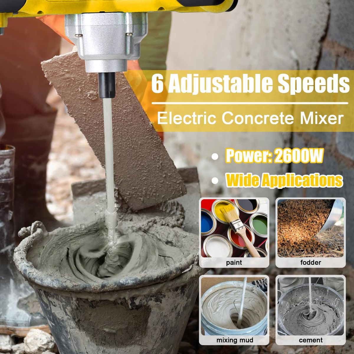 2600W Electric Concrete Mixer Portable Handheld Concrete Cement Mixer 6 Speeds Adjustable Mixing Machine Thinset Mortar Grout Plaster Paint Stirring Tool