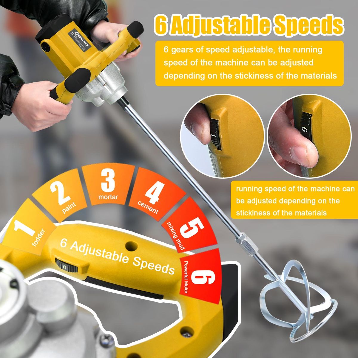 2600W Electric Concrete Mixer Portable Handheld Concrete Cement Mixer 6 Speeds Adjustable Mixing Machine Thinset Mortar Grout Plaster Paint Stirring Tool