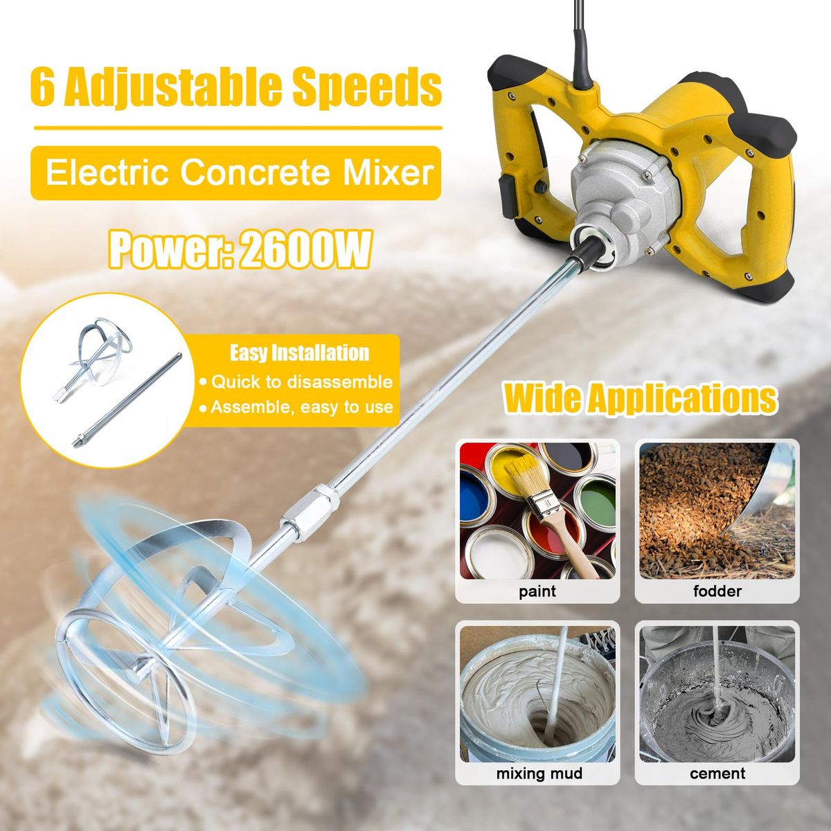 2600W Electric Concrete Mixer Portable Handheld Concrete Cement Mixer 6 Speeds Adjustable Mixing Machine Thinset Mortar Grout Plaster Paint Stirring Tool