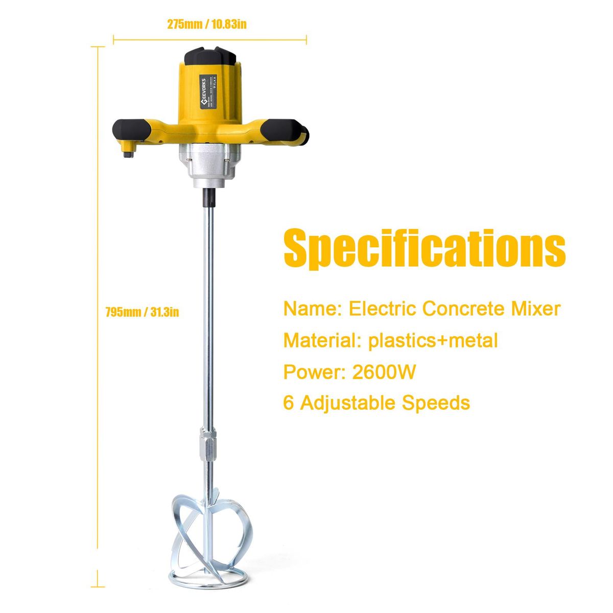 2600W Electric Concrete Mixer Portable Handheld Concrete Cement Mixer 6 Speeds Adjustable Mixing Machine Thinset Mortar Grout Plaster Paint Stirring Tool