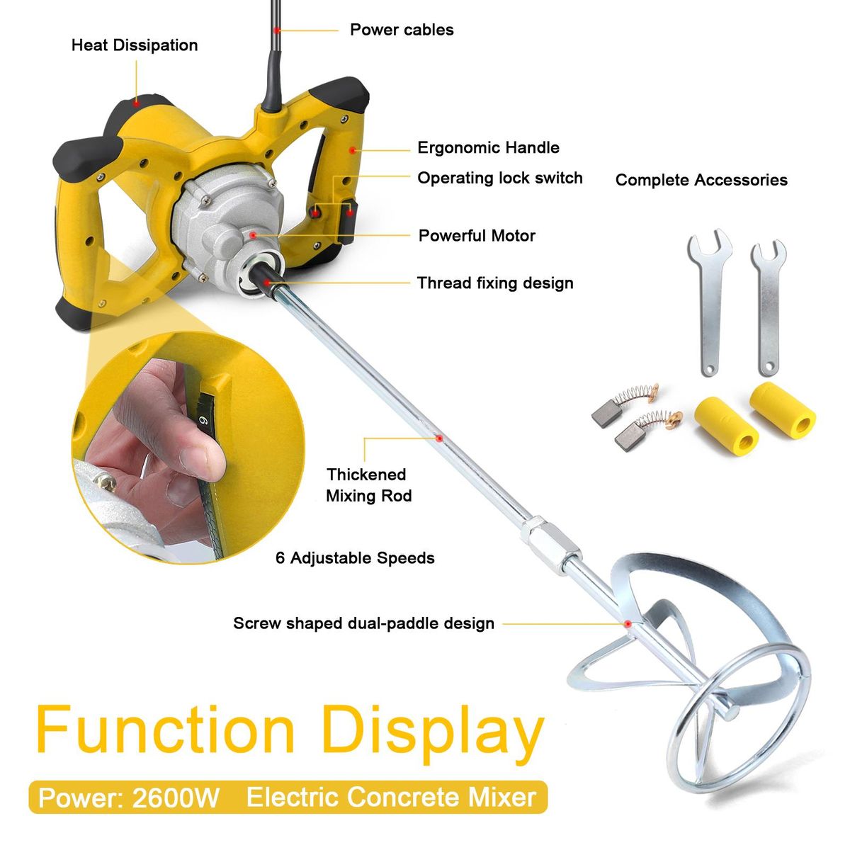 2600W Electric Concrete Mixer Portable Handheld Concrete Cement Mixer 6 Speeds Adjustable Mixing Machine Thinset Mortar Grout Plaster Paint Stirring Tool