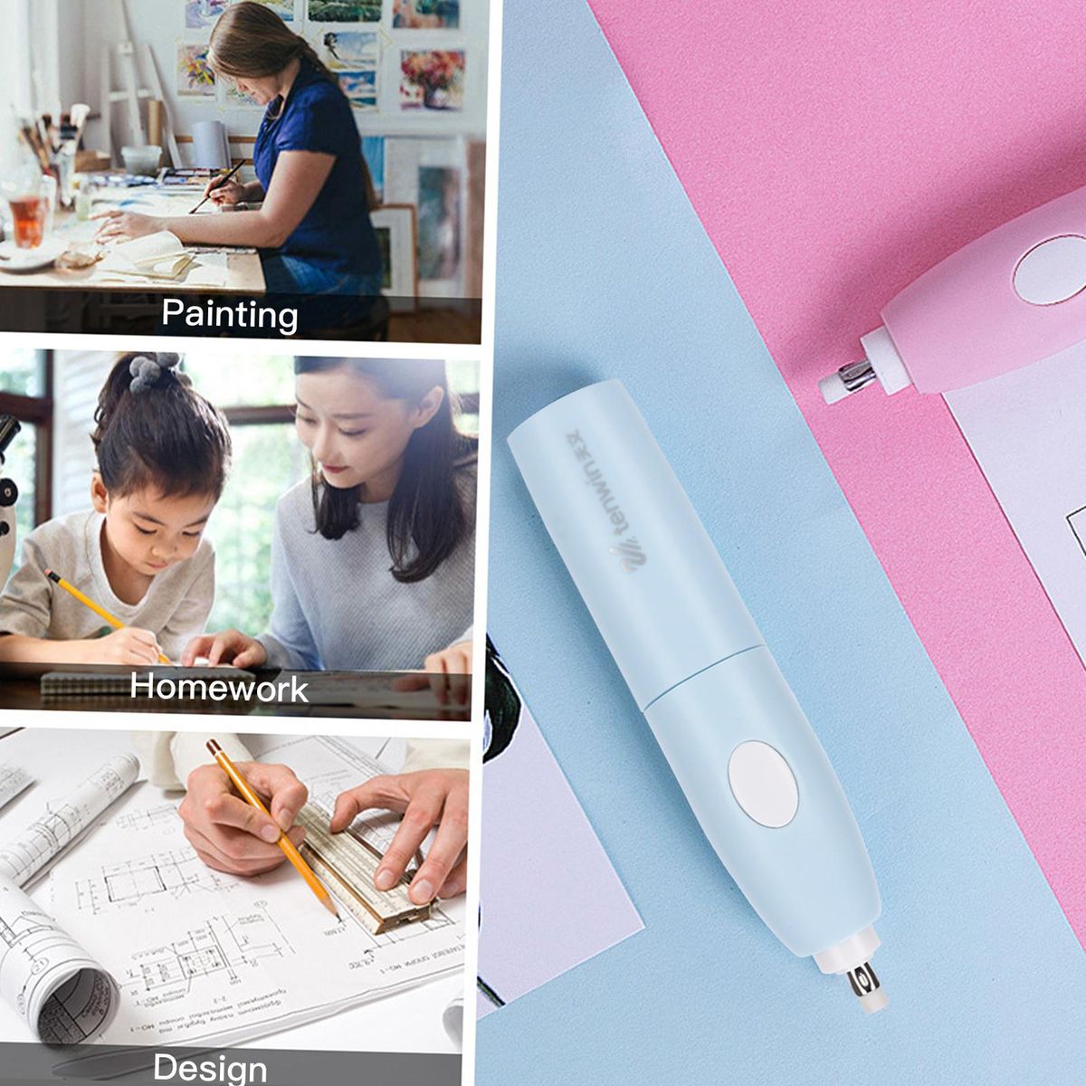 Electric Pencil Sharpener Eraser Vacuum Cleaner Set Stationery Set Battery Operated with 50 Eraser Refills for Kids Adults Home Office School Classroom