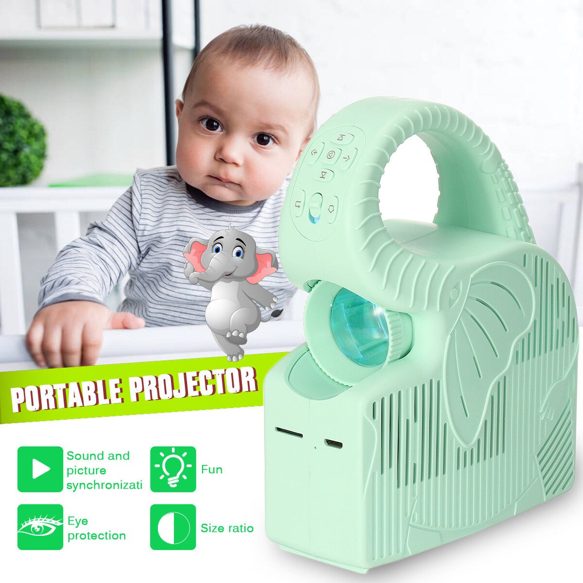 720P 80 Inch Portable Children Projector Elephant Projector With 2000Mah USB Charging Pluggable TF Card Early Childhood Education Projector Home Theater Video Player Gree