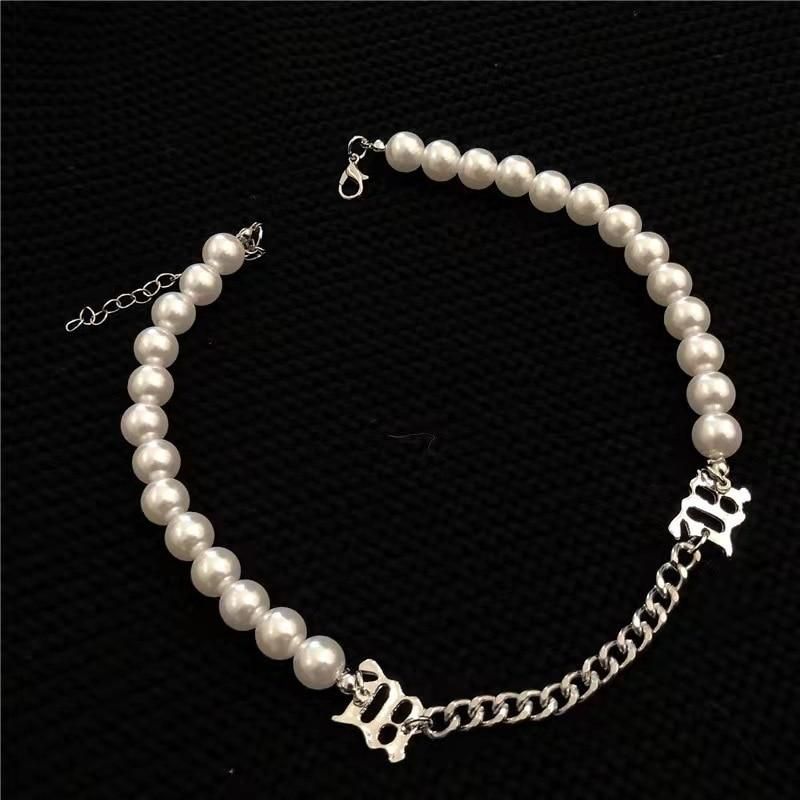 Kpop M Letter Chain Stitching Pearl Necklace Men Women Tide Hip-Hop Choker Titanium Stainless Steel Clavicle Chain Necklace Gift