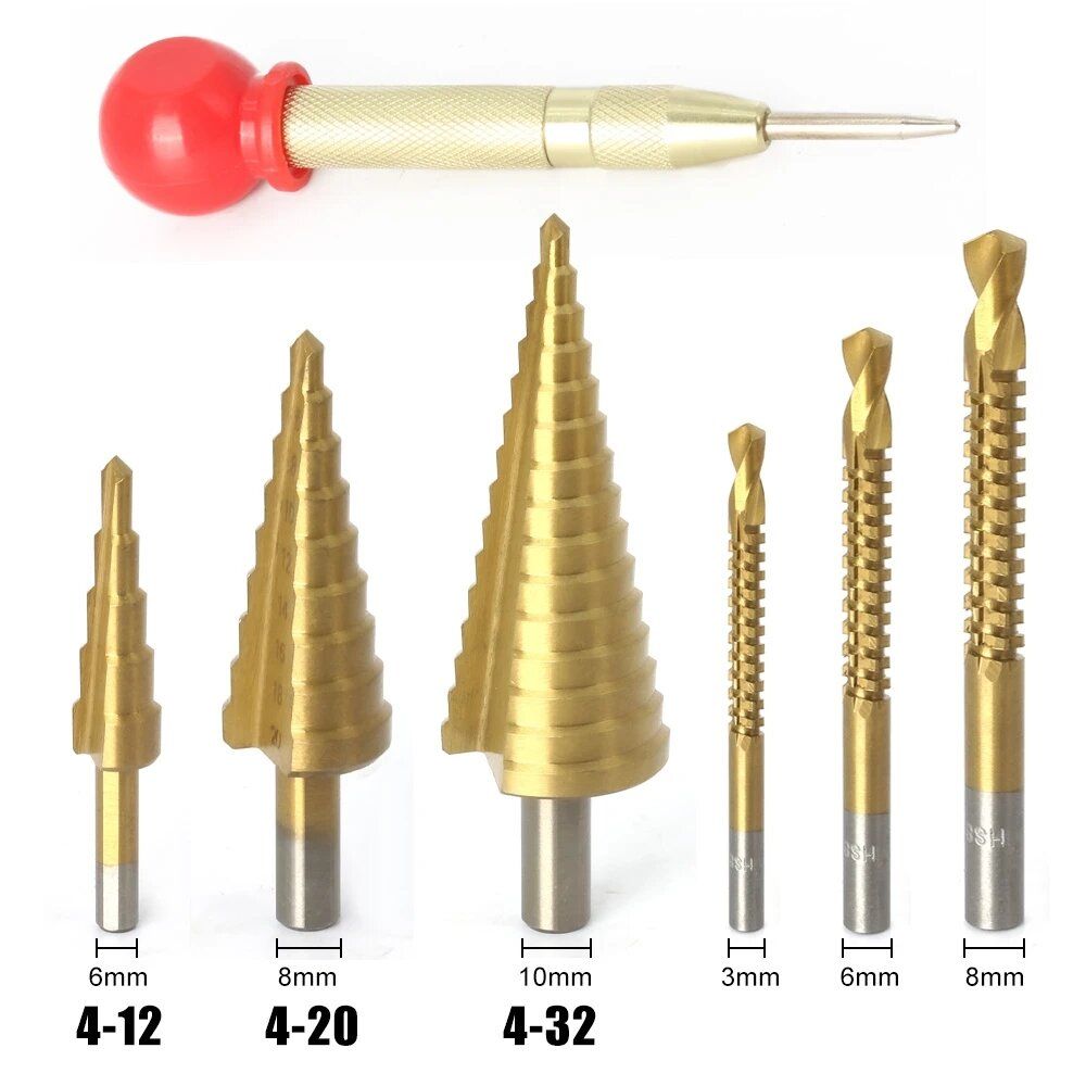 7PCS HSS Step Drill Bit Sets Straight Trough Titanium Coated