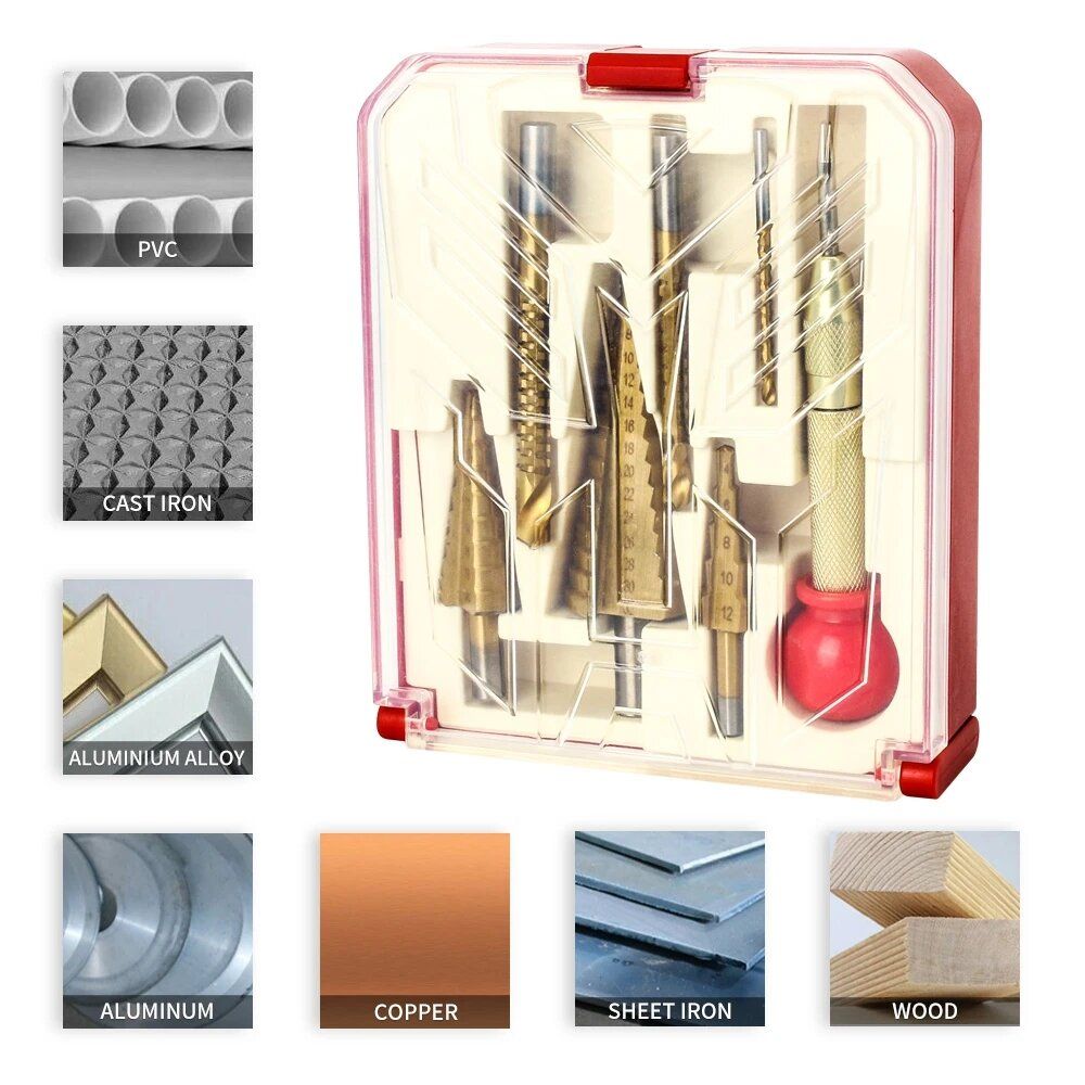 7PCS HSS Step Drill Bit Sets Straight Trough Titanium Coated