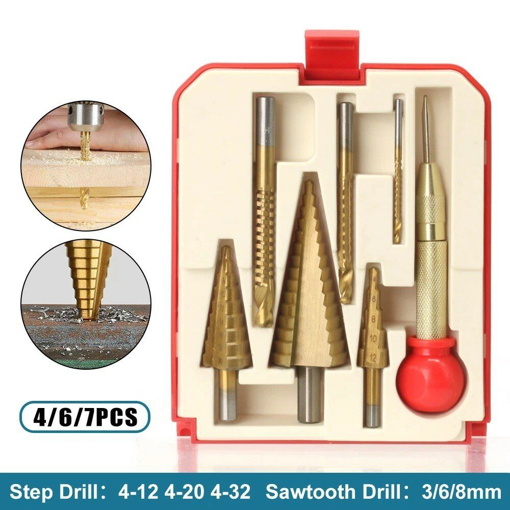 7PCS HSS Step Drill Bit Sets Straight Trough Titanium Coated
