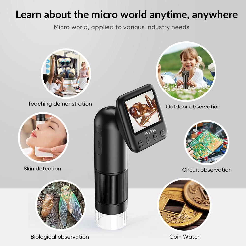 APEXEL APL-MS008 Handheld Digital Microscope 12X-24X Magnification Portable Microscope for Kids 2.0 Inch LCD Screen 2MP Photo 720P Video Built-in Battery with LED Lights Electronic Magnifier Camera