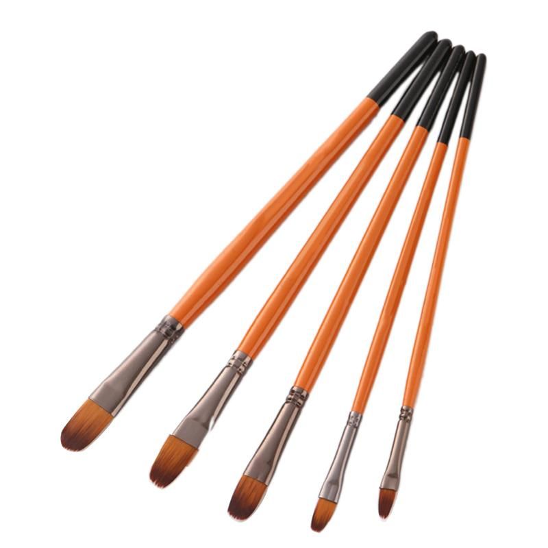 5Pcs Orange Red Nylon Hair Wooden Handle Watercolor Paint Brush Pen Set for Learning Oil Acrylic Painting Art Paint Brushes Supplies Nail Circle Peak