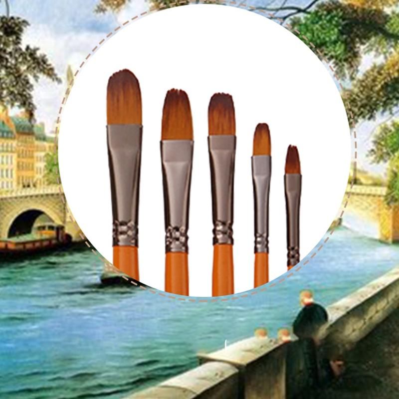 5Pcs Orange Red Nylon Hair Wooden Handle Watercolor Paint Brush Pen Set for Learning Oil Acrylic Painting Art Paint Brushes Supplies Nail Circle Peak