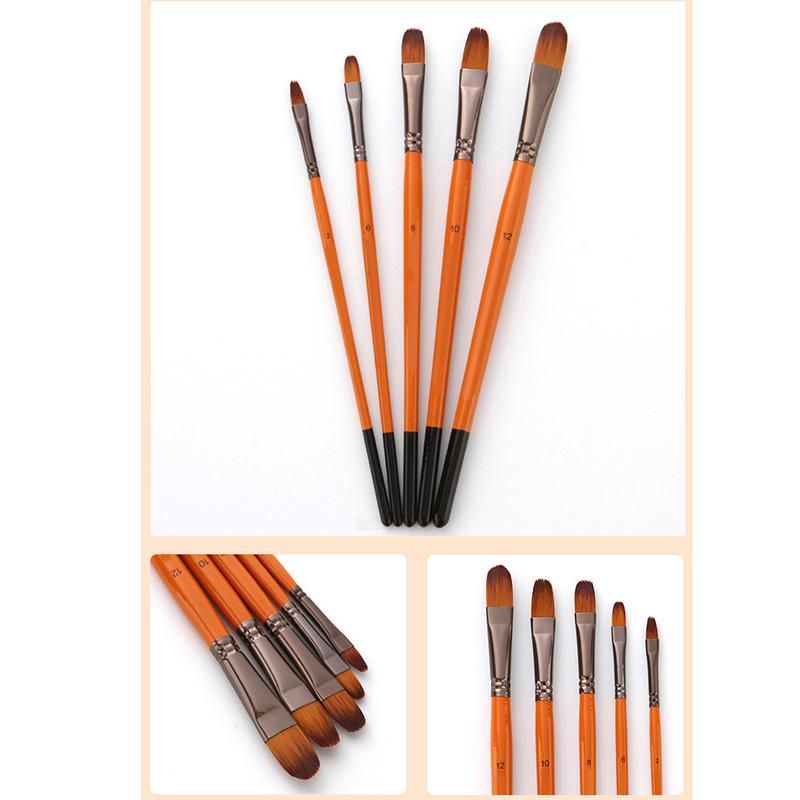 5Pcs Orange Red Nylon Hair Wooden Handle Watercolor Paint Brush Pen Set for Learning Oil Acrylic Painting Art Paint Brushes Supplies Nail Circle Peak